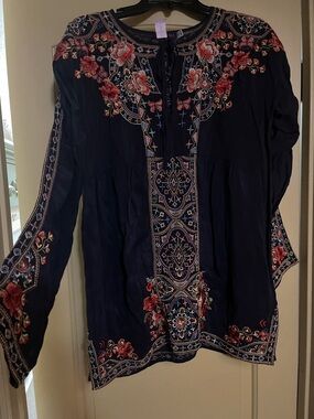Johnny Was Navy Tunic with Red & Pink Floral Embroidery